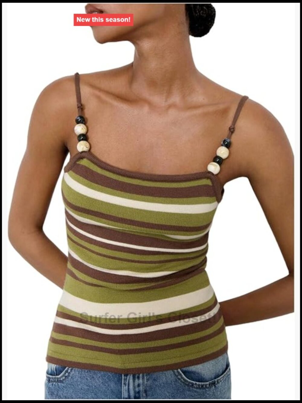 Boho Striped Beaded Camisole Top Sleeveless Square Neck Vacation Outfit